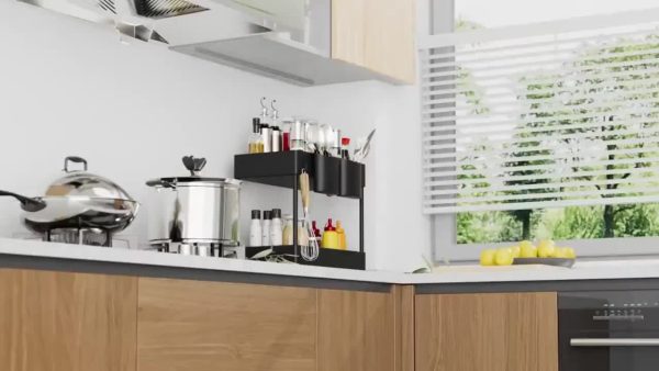 2-Tier Sliding Under Sink Organizer with Metal Frame - Black/White Plastic Storage Basket for Kitchen Spices, Cosmetics & Accessories, Multi-Purpose Bathroom Cabinet Drawer Shelf, Kitchen Organizer | Sleek Storage Solution | Durable Plastic Basket, Under Sink Organizers And Storage - Image 13