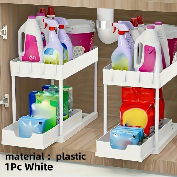 2-Tier Sliding Under Sink Organizer with Metal Frame - Black/White Plastic Storage Basket for Kitchen Spices, Cosmetics & Accessories, Multi-Purpose Bathroom Cabinet Drawer Shelf, Kitchen Organizer | Sleek Storage Solution | Durable Plastic Basket, Under Sink Organizers And Storage - Image 8