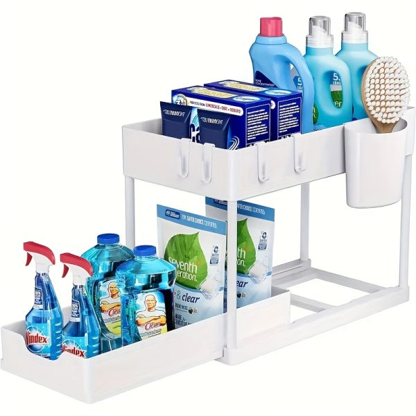 2-Tier Sliding Under Sink Organizer with Metal Frame - Black/White Plastic Storage Basket for Kitchen Spices, Cosmetics & Accessories, Multi-Purpose Bathroom Cabinet Drawer Shelf, Kitchen Organizer | Sleek Storage Solution | Durable Plastic Basket, Under Sink Organizers And Storage - Image 5