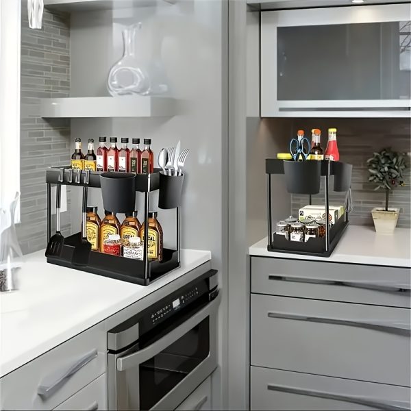 2-Tier Sliding Under Sink Organizer with Metal Frame - Black/White Plastic Storage Basket for Kitchen Spices, Cosmetics & Accessories, Multi-Purpose Bathroom Cabinet Drawer Shelf, Kitchen Organizer | Sleek Storage Solution | Durable Plastic Basket, Under Sink Organizers And Storage - Image 12
