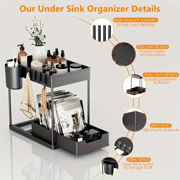 2-Tier Sliding Under Sink Organizer with Metal Frame - Black/White Plastic Storage Basket for Kitchen Spices, Cosmetics & Accessories, Multi-Purpose Bathroom Cabinet Drawer Shelf, Kitchen Organizer | Sleek Storage Solution | Durable Plastic Basket, Under Sink Organizers And Storage - Image 11