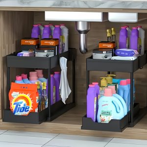 2-Tier Sliding Under Sink Organizer with Metal Frame - Black/White Plastic Storage Basket for Kitchen Spices, Cosmetics & Accessories, Multi-Purpose Bathroom Cabinet Drawer Shelf, Kitchen Organizer | Sleek Storage Solution | Durable Plastic Basket, Under Sink Organizers And Storage