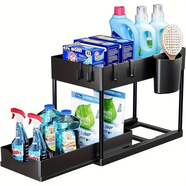 2-Tier Sliding Under Sink Organizer with Metal Frame - Black/White Plastic Storage Basket for Kitchen Spices, Cosmetics & Accessories, Multi-Purpose Bathroom Cabinet Drawer Shelf, Kitchen Organizer | Sleek Storage Solution | Durable Plastic Basket, Under Sink Organizers And Storage - Image 3