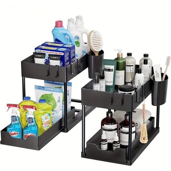 2-Tier Sliding Under Sink Organizer with Metal Frame - Black/White Plastic Storage Basket for Kitchen Spices, Cosmetics & Accessories, Multi-Purpose Bathroom Cabinet Drawer Shelf, Kitchen Organizer | Sleek Storage Solution | Durable Plastic Basket, Under Sink Organizers And Storage - Image 6