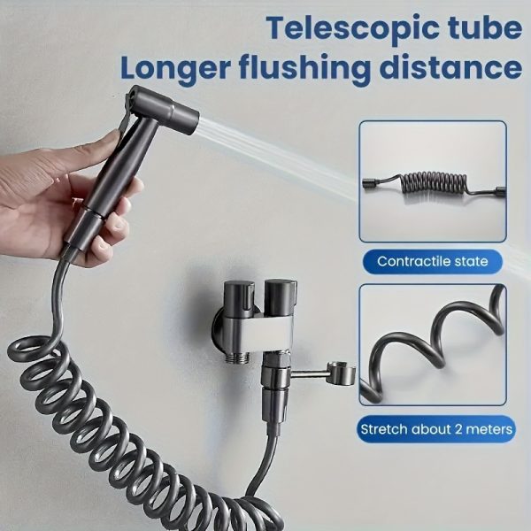 Handheld Toilet Companion Set, Wall-Mounted One-In-One Outlet Valve Kit with Stainless Steel Nozzle, Telescopic Hose and Stand - Image 4