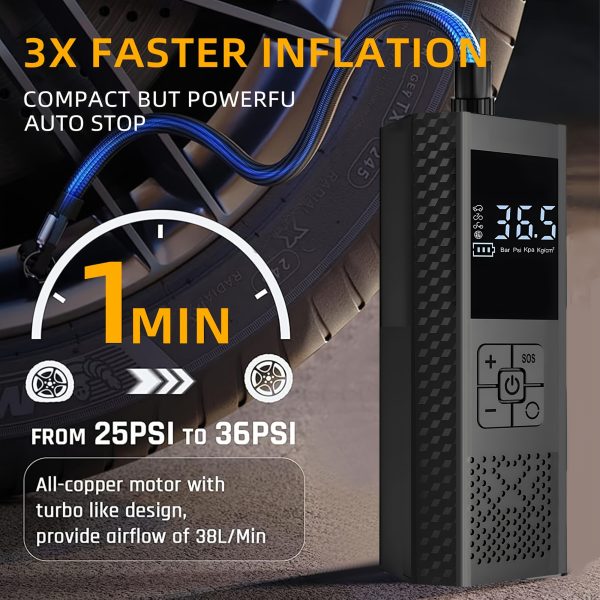 Tire Inflator Portable Air Compressor - 3X Fast 150 PSI Car Tire Air Pump - Cordless Car Tire Inflator with Pressure Gauge and LED Light - Electric Air Pump with Auto Shutoff for Car, Motorcycle, Bicycle, Balls - Image 2