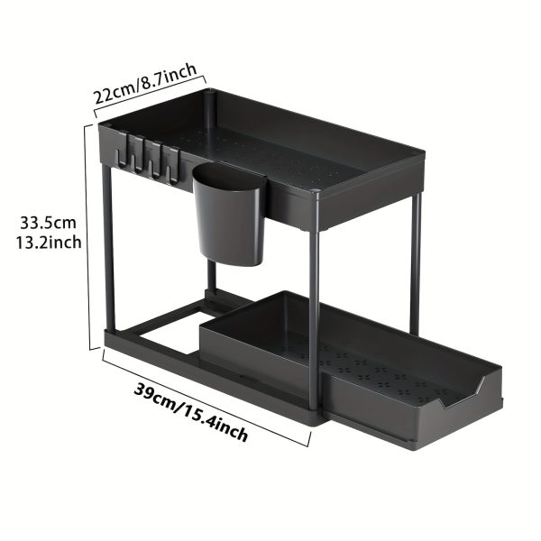 2-Tier Sliding Under Sink Organizer with Metal Frame - Black/White Plastic Storage Basket for Kitchen Spices, Cosmetics & Accessories, Multi-Purpose Bathroom Cabinet Drawer Shelf, Kitchen Organizer | Sleek Storage Solution | Durable Plastic Basket, Under Sink Organizers And Storage - Image 4