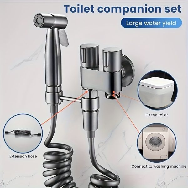 Handheld Toilet Companion Set, Wall-Mounted One-In-One Outlet Valve Kit with Stainless Steel Nozzle, Telescopic Hose and Stand - Image 5