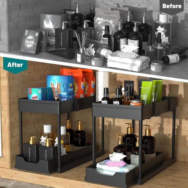 2-Tier Sliding Under Sink Organizer with Metal Frame - Black/White Plastic Storage Basket for Kitchen Spices, Cosmetics & Accessories, Multi-Purpose Bathroom Cabinet Drawer Shelf, Kitchen Organizer | Sleek Storage Solution | Durable Plastic Basket, Under Sink Organizers And Storage - Image 9