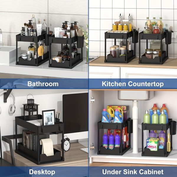 2-Tier Sliding Under Sink Organizer with Metal Frame - Black/White Plastic Storage Basket for Kitchen Spices, Cosmetics & Accessories, Multi-Purpose Bathroom Cabinet Drawer Shelf, Kitchen Organizer | Sleek Storage Solution | Durable Plastic Basket, Under Sink Organizers And Storage - Image 10