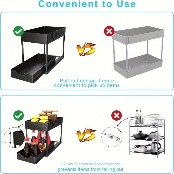 2-Tier Sliding Under Sink Organizer with Metal Frame - Black/White Plastic Storage Basket for Kitchen Spices, Cosmetics & Accessories, Multi-Purpose Bathroom Cabinet Drawer Shelf, Kitchen Organizer | Sleek Storage Solution | Durable Plastic Basket, Under Sink Organizers And Storage - Image 7