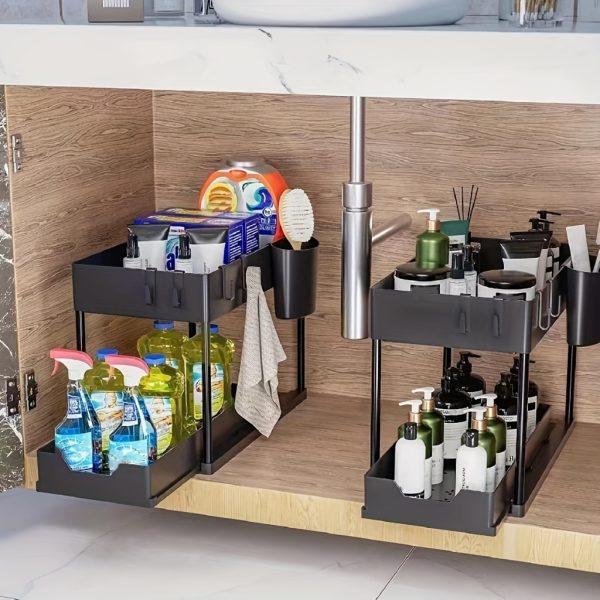 2-Tier Sliding Under Sink Organizer with Metal Frame - Black/White Plastic Storage Basket for Kitchen Spices, Cosmetics & Accessories, Multi-Purpose Bathroom Cabinet Drawer Shelf, Kitchen Organizer | Sleek Storage Solution | Durable Plastic Basket, Under Sink Organizers And Storage - Image 2